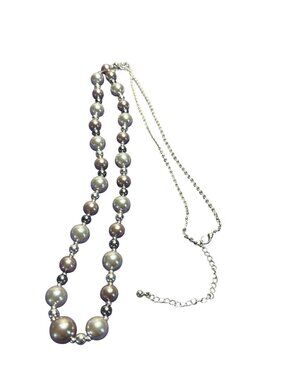 3 Tone Plastic Faux Pearl Beaded Necklace Silvertone Spacer Beads Chain